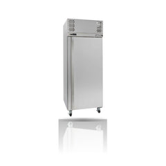 Williams Garnet - One Door 2/1 GN Stainless Steel Upright Refrigerator on a crisp white background with mirrored reflection