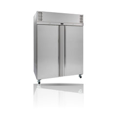 Williams Garnet - 2 door 2/1 Gn Stainless Steel Upright Refrigerator on a crisp white background with mirrored reflection