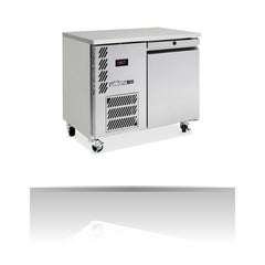 Williams Opal - One Door Stainless Steel Under Counter Storage Refrigerator on a crisp white background with mirrored reflection