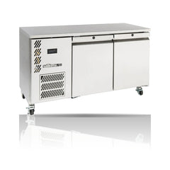 Williams Opal - 2 door Stainless Steel Under Counter Storage Refrigerator on a crisp white background with mirrored reflection