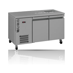 Williams Opal - 2 door Stainless Steel Under Counter Refrigerator With Blown Air Well on a crisp white background with mirrored reflection