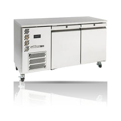 Williams Opal - 2 door Stainless Steel Under Counter Storage Freezer on a crisp white background with mirrored reflection