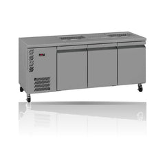 Williams Opal 3 door Stainless Steel Under Counter Refrigerator With Blown Air Well on a crisp white background with mirrored reflection