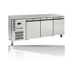 Williams Opal - 3 door Stainless Steel Under Counter Freezer on a crisp white background with mirrored reflection