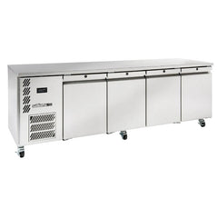 Stainless steel refrigerator with four doors on a white background