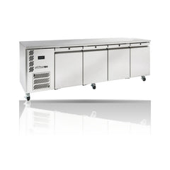 Williams Opal - 4 door Stainless Steel Under Counter Refrigerator on a crisp white background with mirrored reflection