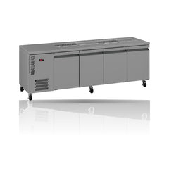 Williams Opal 4 door Stainless Steel Under Counter Refrigerator With Blown Air Well on a crisp white background with mirrored reflection