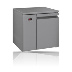 Williams Opal - One Door Stainless Steel Remote Under Counter Storage Refrigerator on a crisp white background with mirrored reflection