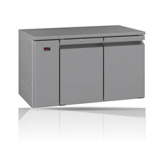 Williams Opal - 2 door Stainless Steel Remote Under Counter Storage Refrigerator on a crisp white background with mirrored reflection