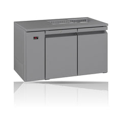 Williams Opal - 2 door Stainless Steel Remote Under Counter Refrigerator With Blown Air Well on a crisp white background with mirrored reflection