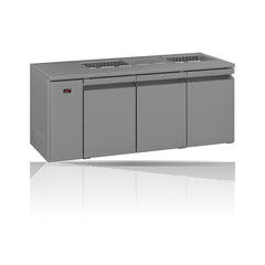 Williams Opal - 3 door Stainless Steel Remote Under Counter Refrigerator With Blown Air Well on a crisp white background with mirrored reflection