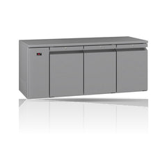 Williams Opal - 3 door Stainless Steel Remote Under Counter Freezer on a crisp white background with mirrored reflection