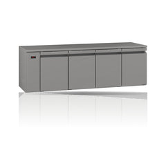 Williams Opal - 4 door Stainless Steel Remote Under Counter Refrigerator on a crisp white background with mirrored reflection