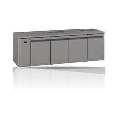 Williams Opal - 4 door Stainless Steel Remote Under Counter Refrigerator With Blown Air Well on a crisp white background with mirrored reflection