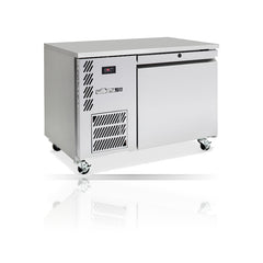Williams Emerald - One Door Stainless Steel Under Counter Storage Refrigerator on a crisp white background with mirrored reflection