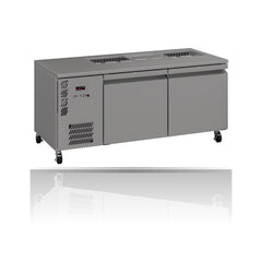 Williams Emerald - 2 door Stainless Steel Under Counter Refrigerator With Blown Air Well on a crisp white background with mirrored reflection