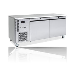 Williams Emerald - 2 door Stainless Steel Under Counter Storage Freezer on a crisp white background with mirrored reflection