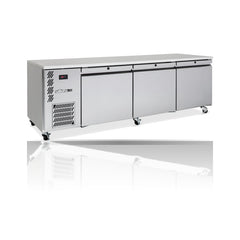 Williams Emerald - 3 door Stainless Steel Under Counter Refrigerator on a crisp white background with mirrored reflection