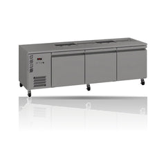 Williams Emerald 3 door Stainless Steel Under Counter Refrigerator With Blown Air Well on a crisp white background with mirrored reflection