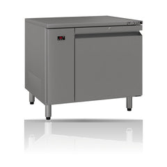 Williams Emerald - One Door Stainless Steel Remote Under Counter Storage Refrigerator on a crisp white background with mirrored reflection
