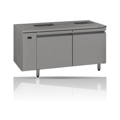 Williams Emerald - 2 door Stainless Steel Remote Under Counter Refrigerator With Blown Air Well on a crisp white background with mirrored reflection