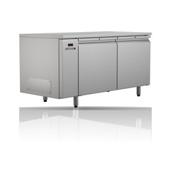 Williams Emerald - 2 door Stainless Steel Remote Under Counter Storage Freezer on a crisp white background with mirrored reflection