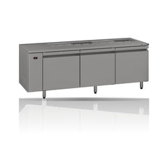 Williams Emerald - 3 door Stainless Steel Remote Under Counter Refrigerator With Blown Air Well on a crisp white background with mirrored reflection