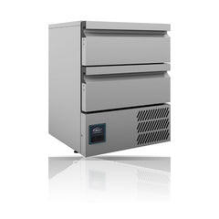 Williams Aztra Hydrocarbon - Two drawer stainless steel under counter fridge on a crisp white background with mirrored reflection