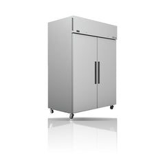 Williams Crystal - 2 door Stainless Steel Upright Bakery Freezer on a crisp white background with mirrored reflection
