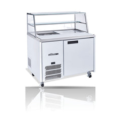 Williams Jade Sandwich - One Door White Prep Counter Refrigerator With Blown Air Well on a crisp white background with mirrored reflection