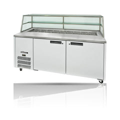 Williams Jade Sandwich - 2 door White Prep Counter Refrigerator With Blown Air Well on a crisp white background with mirrored reflection