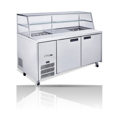 Williams Jade Sandwich - 2 door Stainless Steel Prep Counter Refrigerator With Blown Air Well on a crisp white background with mirrored reflection