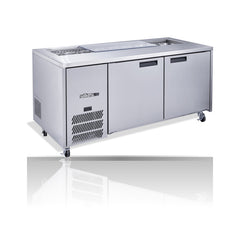 Williams Jade Sandwich - 2 door Stainless Steel Prep Counter Refrigerator With Blown Air Well - Without Canopy on a crisp white background with mirrored reflection