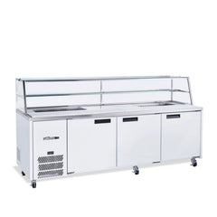 White refrigerated display case with glass top on a white background
