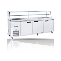 Williams Jade Sandwich 3 door White Prep Counter Refrigerator With Blown Air Well on a crisp white background with mirrored reflection