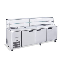 Commercial refrigeration unit with glass top on a black background