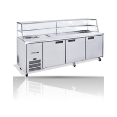 Williams Jade Sandwich - 3 door Stainless Steel Prep Counter Refrigerator With Blown Air Well on a crisp white background with mirrored reflection