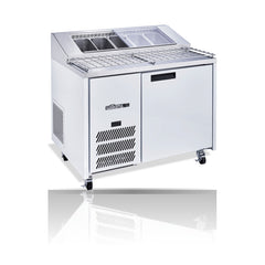 Williams Jade Pizza - One Door White Pizza Prep Counter Refrigerator With Blown Air Well on a crisp white background with mirrored reflection