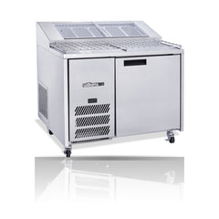 Williams Jade Pizza - One Door Stainless Steel Pizza Prep Counter Refrigerator With Blown Air Well on a crisp white background with mirrored reflection