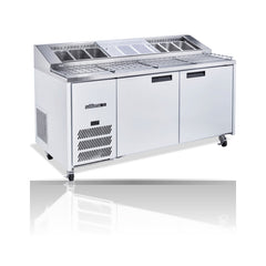 Williams Jade Pizza - 2 door White Pizza Prep Counter Refrigerator With Blown Air Well on a crisp white background with mirrored reflection