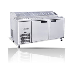 Williams Jade Pizza - 2 door Stainless Steel Pizza Prep Counter Refrigerator With Blown Air Well on a crisp white background with mirrored reflection