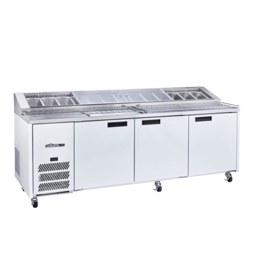 Commercial refrigeration unit with open doors on a white background