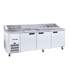 Commercial refrigeration unit with open doors on a white background