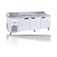 Williams Jade Pizza - 3 door White Pizza Prep Counter Refrigerator With Blown Air Well on a crisp white background with mirrored reflection