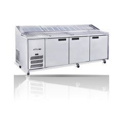 Williams Jade Pizza - 3 door Stainless Steel Pizza Prep Counter Refrigerator With Blown Air Well on a crisp white background with mirrored reflection