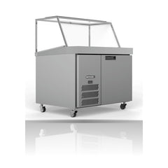 Williams Banksia - One Door Stainless Steel Prep Counter Refrigerator With Angled Blown Air Well on a crisp white background with mirrored reflection