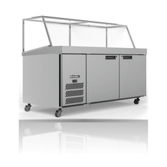 Williams Banksia - 2 door White Prep Counter Refrigerator With Angled Blown Air Well on a crisp white background with mirrored reflection