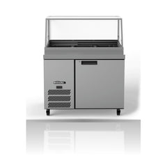 Williams Banksia - One Door White Prep Counter Refrigerator With Flat Blown Air Well - Without Canopy on a crisp white background with mirrored reflection
