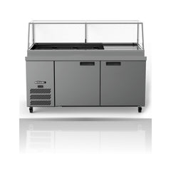Williams Banksia - 3 door White Prep Counter Refrigerator With Flat Blown Air Well on a crisp white background with mirrored reflection