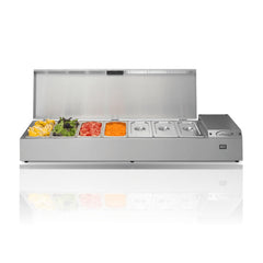 Williams Thermowell - Seven Pan Counter Top Refrigerated Well on a crisp white background with mirrored reflection